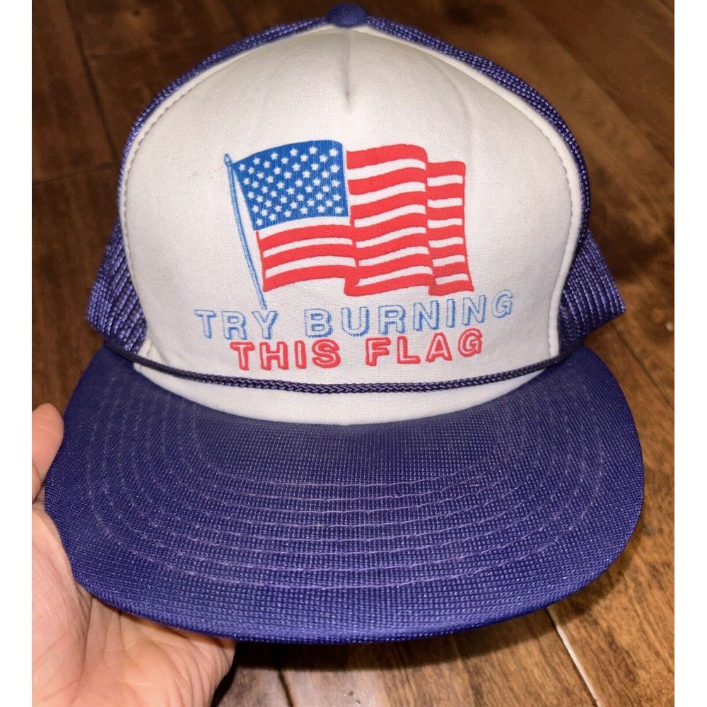Try Burning This Flag Trucker Hat Cap Adjustable Blue With Flag One Size Used - Picture 1 of 4